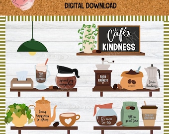 Könnte beinhalten: Ein Bulletin Board-Set zum Thema Kaffee. Das Set enthält Bilder von Kaffeetassen, Kaffeebohnen, Kaffeekannen und Kaffeemühlen. Die Bilder sind mit Sätzen wie "Brühen Sie Freundlichkeit" und "Verbreiten Sie Freude überall" verziert.