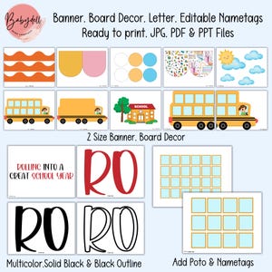 May include: A collection of printable school-themed graphics, including school buses, a schoolhouse, and decorative elements. The image also features the text "ROLLING INTO A GREAT SCHOOL YEAR" and "RO" in various colors and styles.