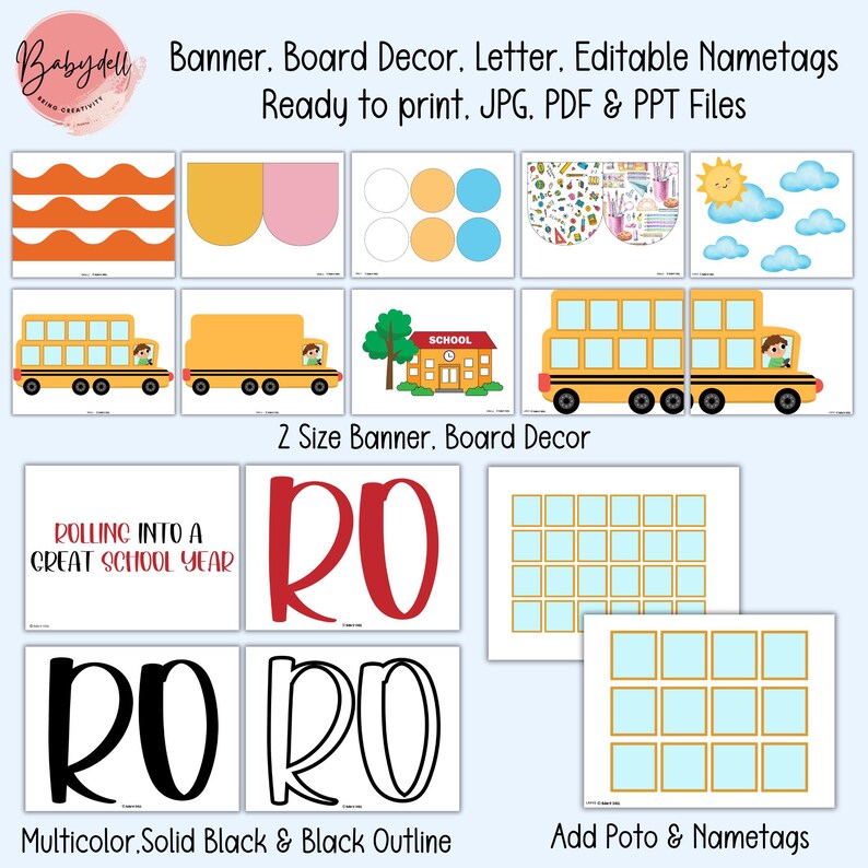 May include: A collection of printable school-themed graphics, including school buses, a schoolhouse, and decorative elements. The image also features the text "ROLLING INTO A GREAT SCHOOL YEAR" and "RO" in various colors and styles.
