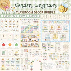 Ensemble de décorations de classe personnalisables sur le thème des abeilles et du vichy pour la rentrée scolaire