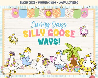Summer bulletin kit with silly goose decor for preschool and kindergarten classrooms