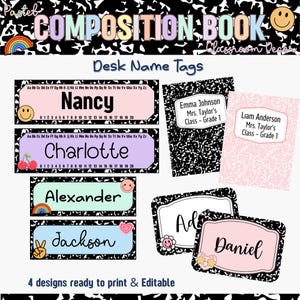 May include: A selection of pastel-coloured desk name tags with a composition book theme. Each tag features a student's name, a number line, and decorative elements like rainbows, cherries, and smiley faces. The text "4 designs ready to print & Editable" is also included.