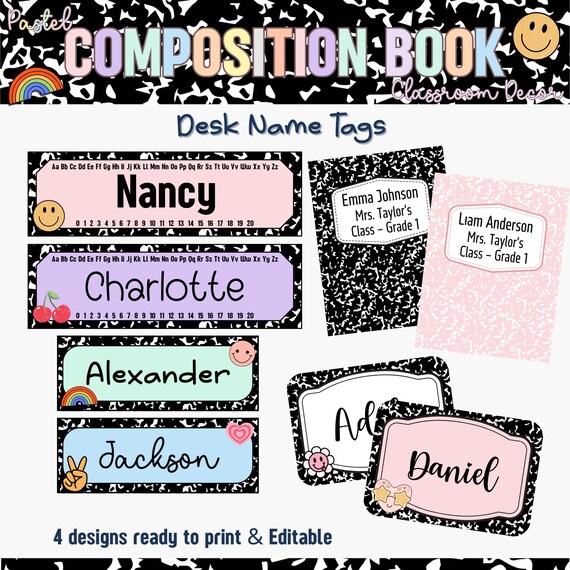 パステルカラーの作文帳の机用ネームプレート：編集可能な教室の装飾