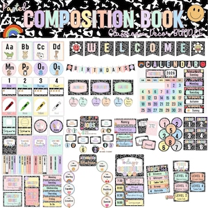 Composition Notebook Decor, Pastel Classroom Bundle, Editable Homeschool Posters, Retro 90s & Preppy Aesthetic Wall Art for Teen Girl Room