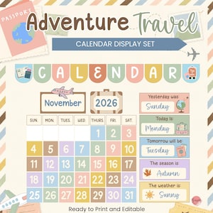 May include: An Adventure Travel calendar display set featuring a grid for November 2026 with colorful squares. Includes sections for days of the week, weather, and seasons, decorated with illustrations of passports, airplanes, and suitcases.