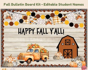 Puede incluir: Un kit de tablón de anuncios para otoño y Acción de Gracias con fondo de madera, una guirnalda de círculos negros, marrones y amarillos, y el texto HAPPY FALL Y'ALL. Incluye un camión naranja vintage con calabazas y un granero marrón.