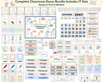 May include: A digital classroom decor bundle featuring 17 sets of printable materials with a goose theme. Includes a welcome banner, calendar, affirmation station, voice levels, schedule, birthday charts, and various labels in pastel colors.