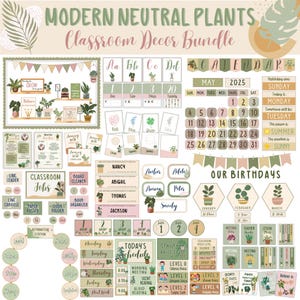 Decoración moderna para aula con plantas neutras / Pósters y etiquetas editables para tablones de anuncios / Kit imprimible para profesores