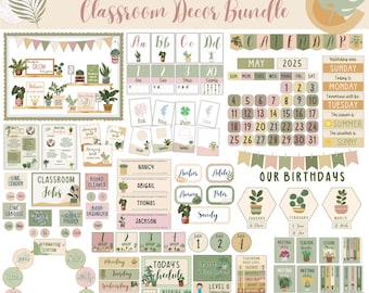 Modern Neutral Classroom Decor Bundle Boho Plant Theme Printable Bulletin Board Set