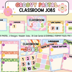 Groovy Pastel Classroom Jobs Chart | Editable Student Job Display | Calm Retro Teacher Decor | Digital Download