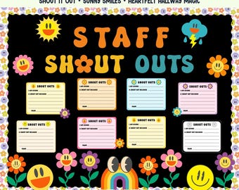 Staff Bulletin Board Kit Groovy Staff Shout Out Printable Recognition Cards