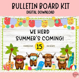 Prikbordkit Highland Cow | Aftellen voor de zomer | Bewerkbaar klasdecor | Afdrukbare pdf