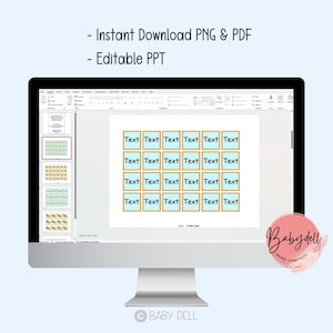 May include: A computer monitor displays a presentation with text boxes labeled "Text." The screen also shows the text "- Instant Download PNG & PDF - Editable PPT." A pink and white logo with the text "Babydell" is in the bottom right corner.