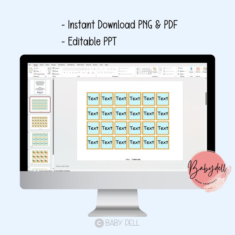May include: A computer monitor displays a presentation with text boxes labeled "Text." The screen also shows the text "- Instant Download PNG & PDF - Editable PPT." A pink and white logo with the text "Babydell" is in the bottom right corner.