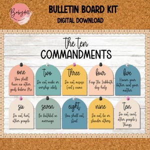 May include: A bulletin board kit with ten colorful arched cards featuring the Ten Commandments. Each card has a number, a title, and a commandment written in black text.