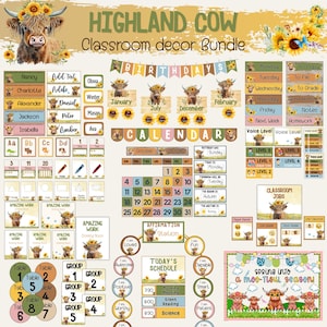 Hooglandkoe kinderkamerinrichting, moderne boerderij klaslokaal kunst aan de muur, bewerkbare lerarenposters, kalm neutraal homeschool en kinderkamerbundel