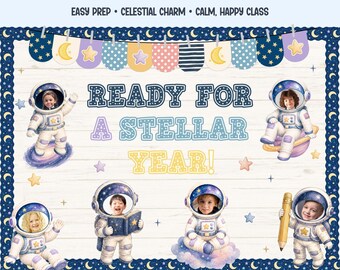 Space bulletin board kit, celestial astronaut photo craft & blast off door decor
