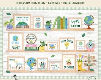 Earth Day Board Kit with Spring Bookshelf Decor for Elementary Classroom Door Displays