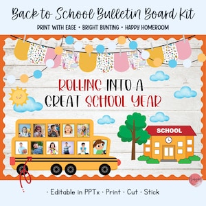 A back to school classroom bulletin board reading Welcome Back To School. The display features a printable school building, clouds, and a large yellow school bus with editable student names in the windows under a colorful bunting.