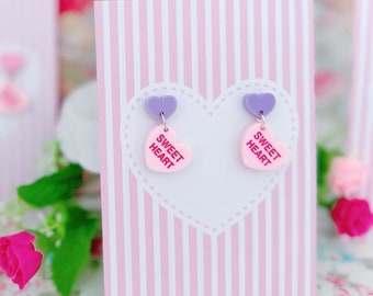 Purple & Pink Candy Conversation Heart Valentine’s Day Dangle Earrings