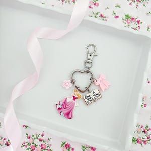Pink Aurora Disney Princess Heart Shaped Silver Keychain / Disneyland Princess Charm Keychain