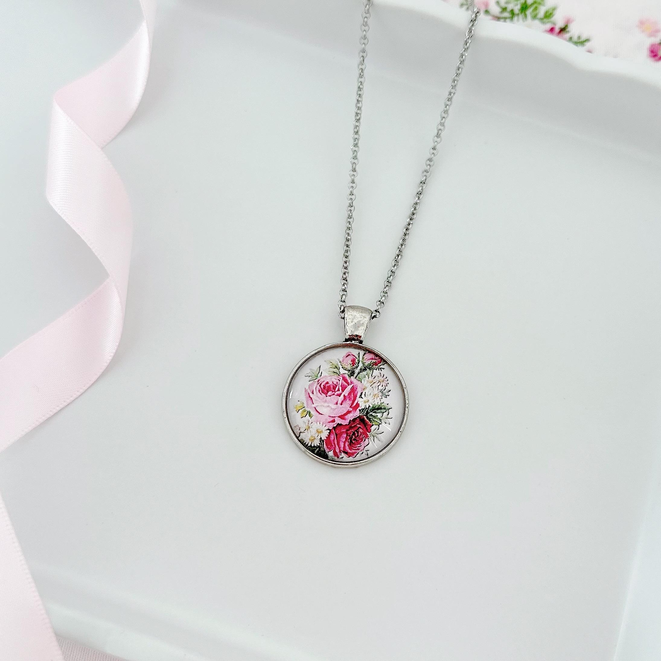 Floral Rose Cameo Pendant Necklace - Silver Victorian Style Romantic Vintage Inspired Jewelry Gift