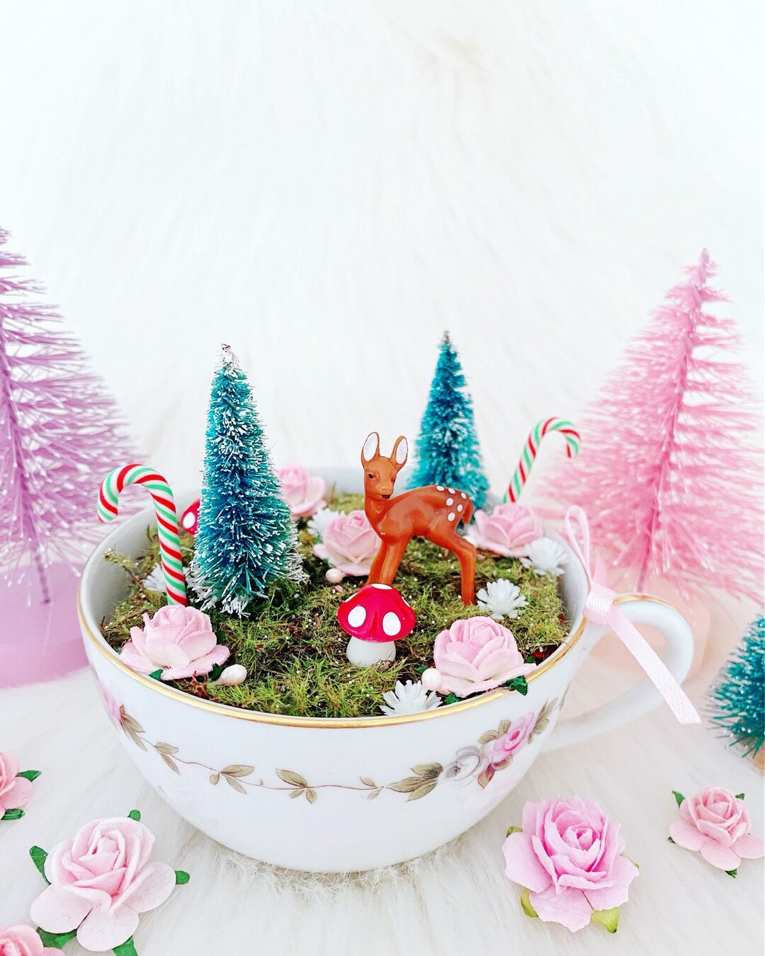 Christmas Deer Pink Rose Teacup Garden Ornament, Shabby Chic Christmas