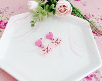 Pink Heart Love Letter Romantic Kitsch Earrings