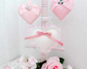 Shabby Chic Felt Lace Trim Plush Heart Hanging Ornament