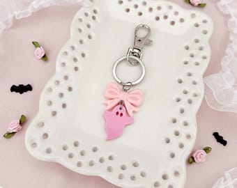 Cute Pink Bow Ghost Charm Halloween Keychain
