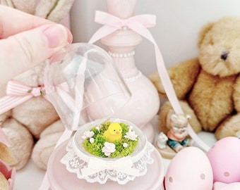 Adorable Miniature Easter Chick Cloche Dome, Farmhouse Easter Home Decor, Easter Chick Terrarium Dome