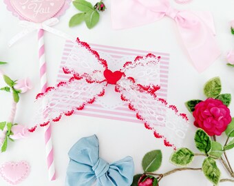 Red & White Lace Valentine’s Day Heart Bow Hair Clip