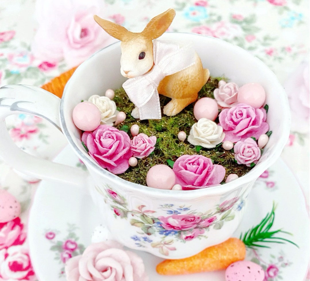Easter Bunny Teacup Garden Ornament Shabby Chic Easter Decor Etsy