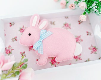 Pink Felt Easter Bunny Rabbit Plush With Blue Gingham Ribbon Bow