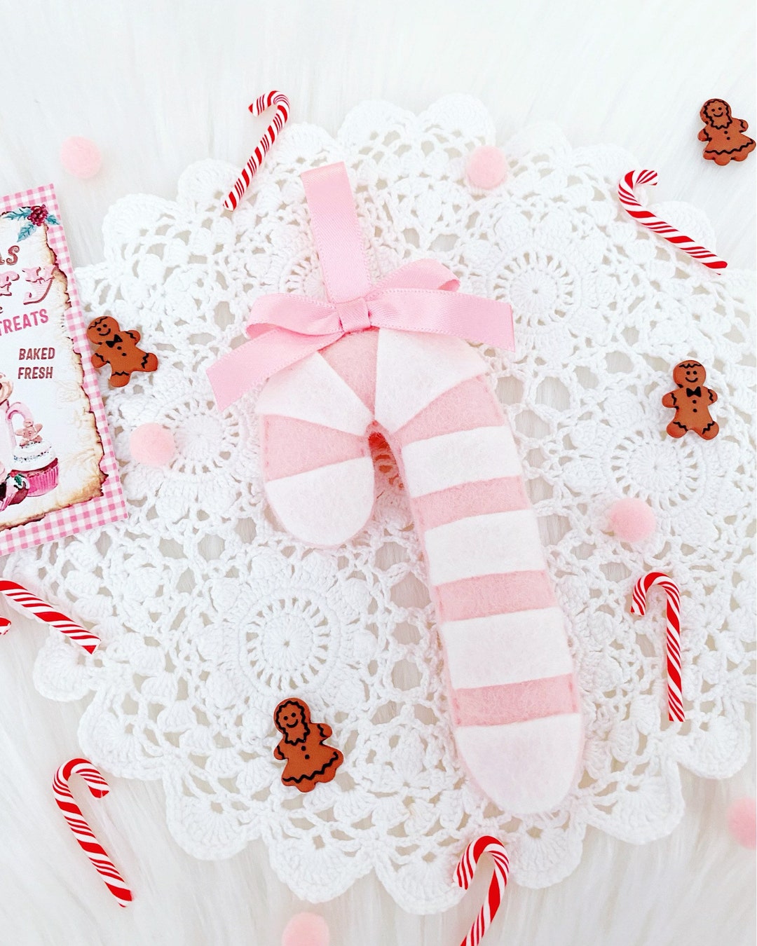 Pink Felt Christmas Candy Cane Plush Ornament, Pink Candy Cane