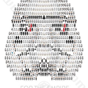 Puede incluir: Una imagen de píxeles en blanco y negro de una Estrella de la Muerte de Star Wars compuesta por Stormtroopers y personajes de Darth Vader. El texto "FOR THE EMPIRE" está en la parte inferior de la imagen.