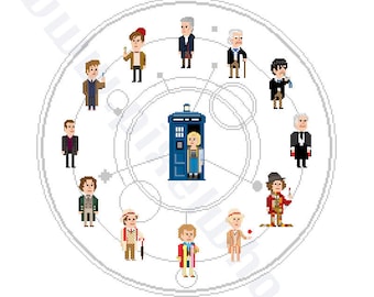 UPDATED - Pixel (8 bit) 14 Doctors with TARDIS and Gallifreyan Symbol