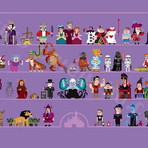 May include: A colorful pixel art illustration of various Disney villains, including Maleficent, Ursula, Cruella de Vil, and more. The villains are arranged in rows on a purple background, with the Disney castle at the bottom.
