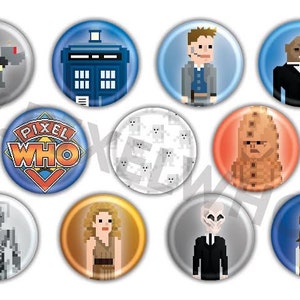 May include: A set of 15 round buttons featuring characters and objects from the Doctor Who television series. The buttons are colorful and feature pixelated graphics. The buttons include the Doctor, the Daleks, the TARDIS, and other characters from the show.
