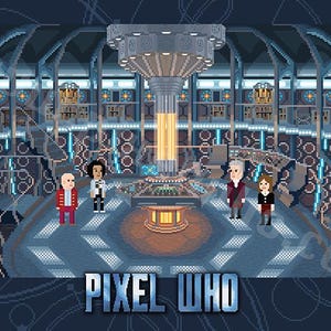 May include: A pixelated illustration of the interior of the TARDIS, a time-traveling spaceship from the Doctor Who television series. The TARDIS is a blue box with a round control room. There are four characters in the room, including the Doctor, a companion, and two other characters. The text "PIXEL WHO" is at the bottom of the image.