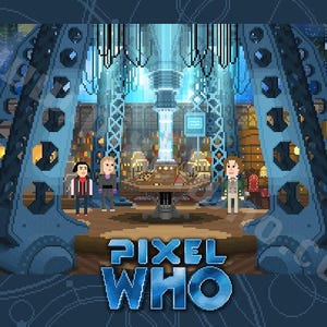 Könnte beinhalten: Ein pixeliertes Bild eines futuristischen Sets in Blau und Grau mit drei Figuren, die vor einem Tisch stehen. Der Text "PIXEL WHO" befindet sich im Vordergrund.