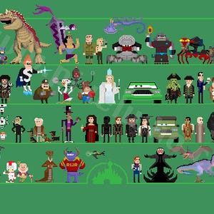 May include: A colorful pixel art illustration featuring characters from various Disney and Pixar movies. The characters are arranged in rows, with each row representing a different film. Some of the characters include:  Mike Wazowski, Sulley, Buzz Lightyear, Woody,  and  the  characters from  Monsters Inc., Toy Story, Cars, and Finding Nemo.