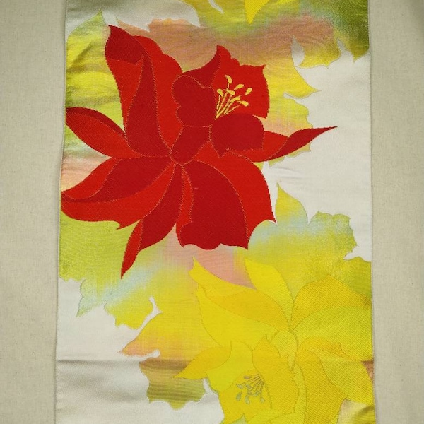 Vintage Japanese Nagano Obi Iridescent Gold With Vibrant Red and Yellow Camelia Flower Embroidery