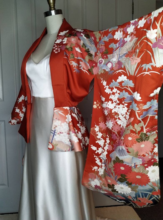 Beautiful Red Kimono Jacket With Floral Print Etsy UK