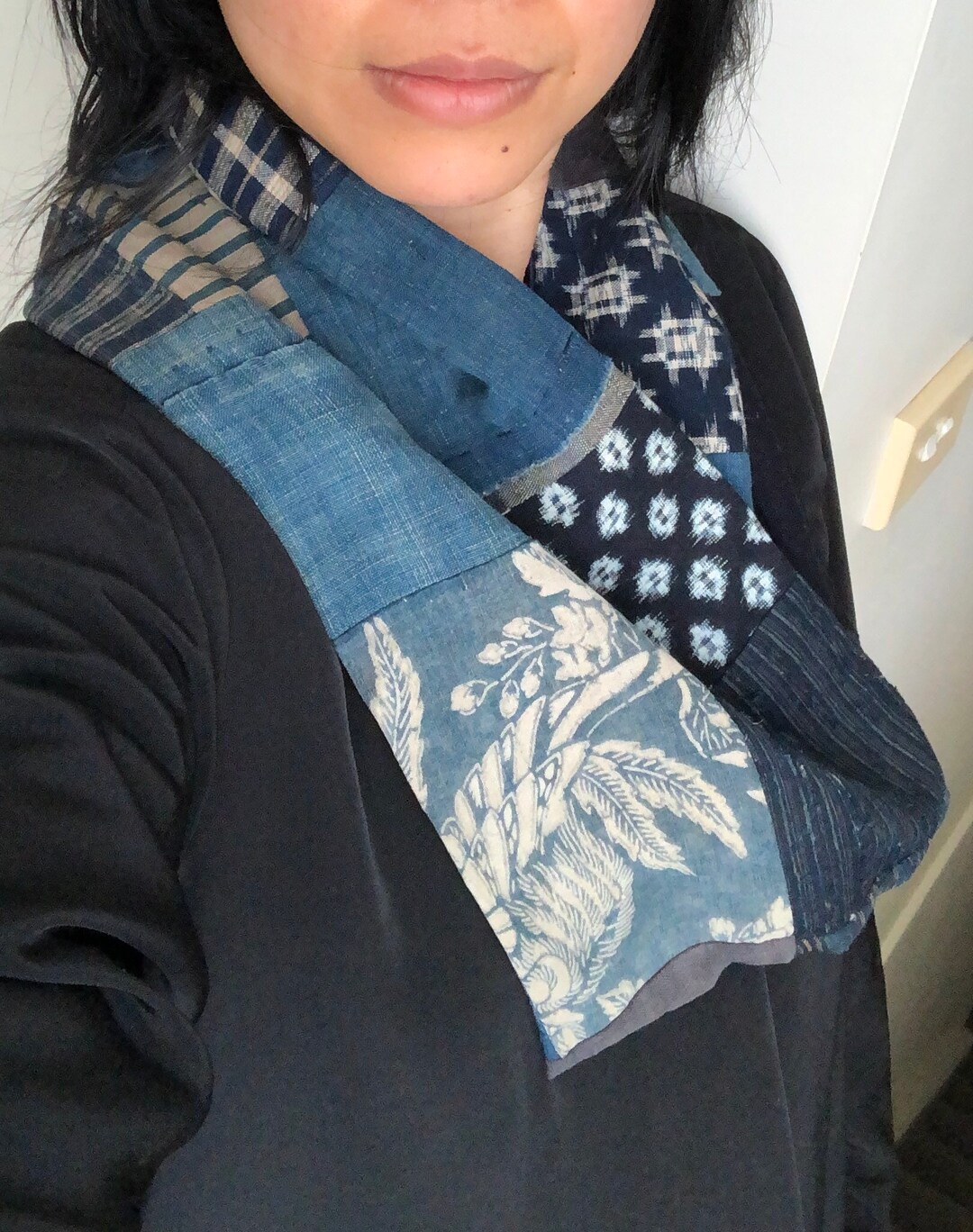 kapita 縮絨ウール　BOROパッチワークマフラー箔プリント Japanese Boro Fabric Twisted Scarf - Etsy