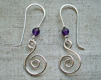 Sterling Silver Spiral Swirl Dangle Drop Earrings with Amethyst