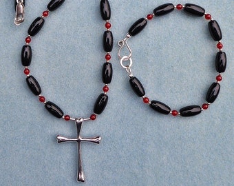 Gothic Bones Cross Necklace and Bracelet, Chunky Solid Silver Cross with Black Onyx and Carnelian