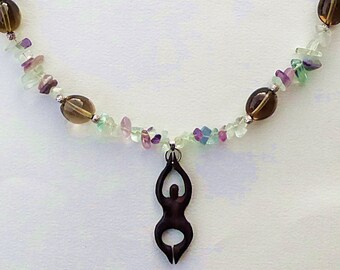 Goddess Necklace with Smokey Quartz, Wood and Fluorite, Sterling Silver