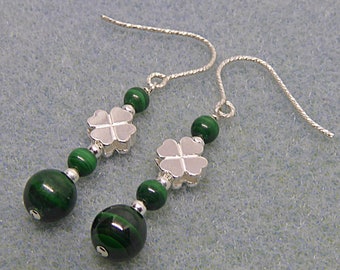 Malachite Four Leaf Clover Drop Earrings with Silver Sparkle Ear Wires