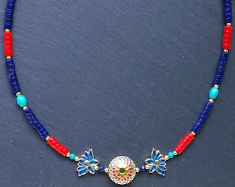 Enamelled Flower Necklace with Lapis Lazuli, Turquoise and Red Porcelain